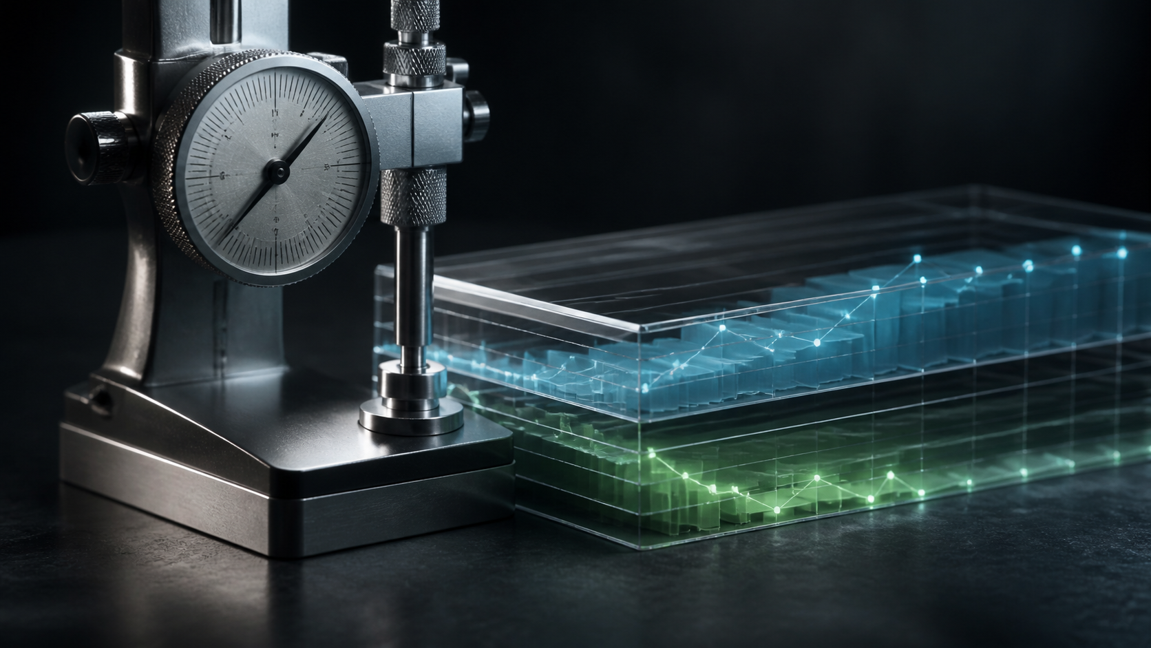 A precision measuring instrument beside layered transparent cost and revenue data.